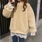 Lace Trim Faux Shearling Pullover