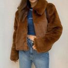 Wide-collar Hook-and-eye Faux-fur Jacket