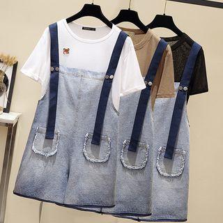 Set: Crew-neck Short-sleeve T-shirt + Pocketed Denim Jumper Shorts