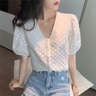 Puff-sleeve Collared Embroidered Blouse