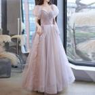 Puff-sleeve Ruffled Mesh A-line Evening Gown