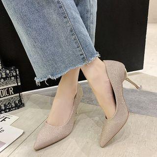 Pointed Flared Heel Glitter Pumps