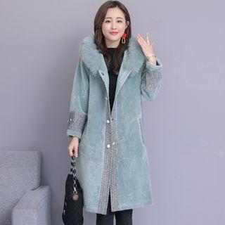 Herringbone Panel Furry Hood Single-breasted Coat