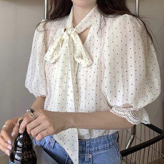 Puff-sleeve Dotted Blouse Black Dots - Off-white - One Size