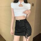 Short-sleeve Cutout Cropped T-shirt / Lace-up Denim Pencil Skirt