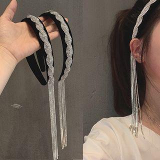 Rhinestone Chain Tassel Headband Black - One Size