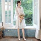 V-neck Bell-sleeve Midi A-line Lace Dress