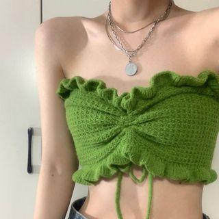 Drawstring Ruffled Knit Tube Top Green - One Size
