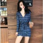 Plaid Wrapped Mini Dress With Sash As Shown In Figure - One Size