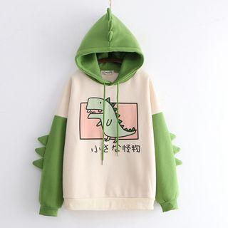 Color-block Dinosaur Printed Fleece-lined Hoodie Beige & Green - One Size