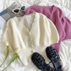 Puff-sleeve Plain V-neck Knit Top