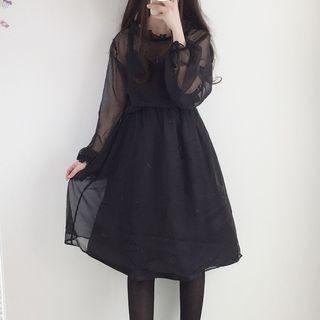 Sheer Long-sleeve Top / Cross Embroidered Strappy Midi Dress / Set: Sheer Long-sleeve Top + Cross Embroidered Strappy Midi Dress