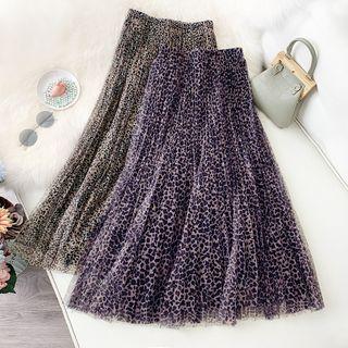 Leopard Print Midi A-line Mesh Dress