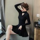 Long-sleeve Mock Neck Mini A-line Knit Dress