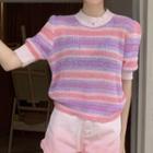Short-sleeve Striped Knit Top Stripes - Purple & Pink - One Size