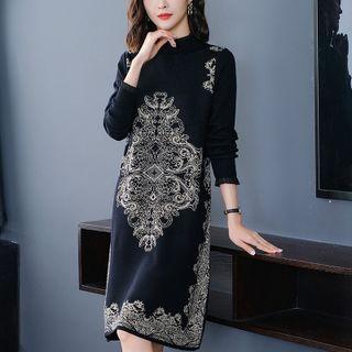 Print Mock-neck Midi A-line Sweater Dress