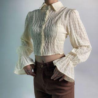 Bell-sleeve Ruched Open-back Crop Blouse Almond - One Size