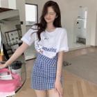 Short-sleeve Duck Print T-shirt / Plaid A-line Skirt