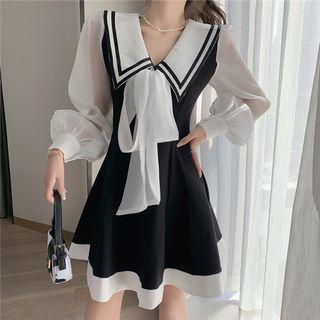 Lantern-sleeve Collared Two-tone Mini A-line Dress