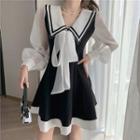Lantern-sleeve Collared Two-tone Mini A-line Dress