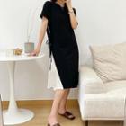 Short-sleeve Round-neck Color-block Lace-up Dress Black & White - One Size