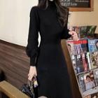 Lantern-sleeve Turtleneck Knit Midi A-line Dress