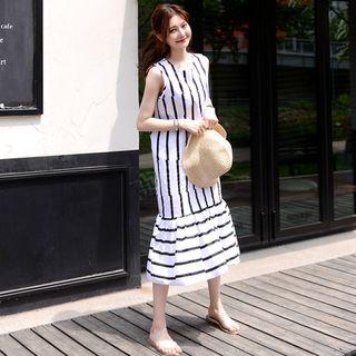 Sleeveless Ruffle-hem Striped Long Dress