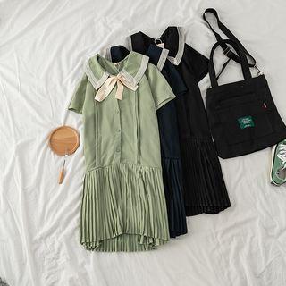 Short Sleeve Lace-up Pleated Chiffon Dress