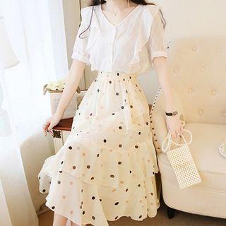 Ruffle Trim Short-sleeve Blouse / Printed Layered Midi A-line Skirt / Set
