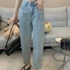 Mid Rise Heart Embroidered Straight Leg Jeans