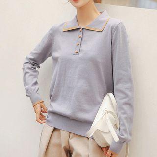 Polo Collar Knit Top Grayish Blue - One Size