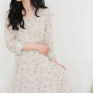 Dot-print Wrap-front Long Chiffon Dress