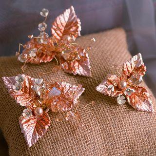 Set Of 3: Bridal Faux Pearl Leaf Hair Clip Set Of 3 - Orange - One Size