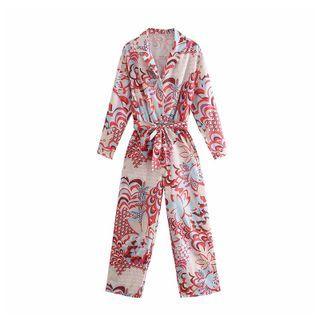 Long-sleeve Print Tie-waist Jumpsuit