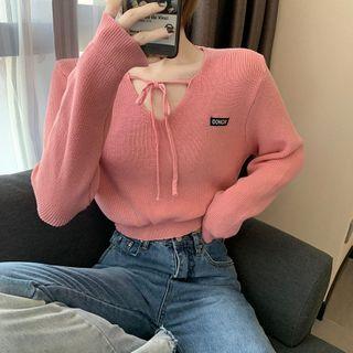 Long-sleeve Tie Neck Patched Knit Top