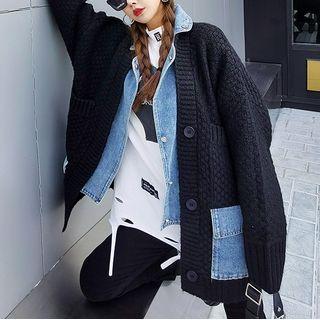 Mock Two-piece Denim Trim Cardigan