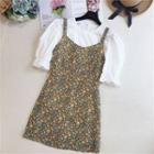 Set: Plain Short-sleeve Blouse + Floral Spaghetti Strap Mini A-line Dress