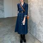Set: Long-sleeve Denim Midi Dress + Belt