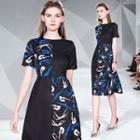 Short-sleeve Print Paneled A-line Dress