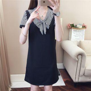 Bow-neck Striped Panel Mini A-line Dress