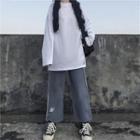 Letter Embroidered Long-sleeve T-shirt / Striped Cropped Straight-fit Pants
