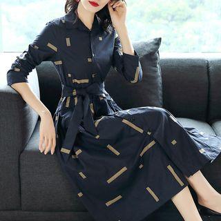 Long-sleeve Printed Midi A-line Shirtdress