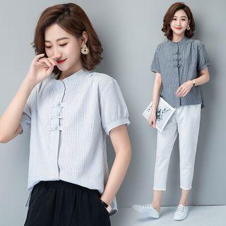 Striped Stand-collar Short-sleeve Shirt