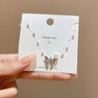 Butterfly Pendant Faux Pearl Fishing Line Necklace 1pc - X875 - Silver & White - One Size