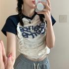 Short-sleeve Lettering Shirred Crop T-shirt Blue & Off-white - One Size