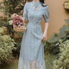 Short-sleeve Mesh Panel Midi Qipao Dress