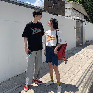 Couple Matching Printed Distressed Short-sleeve T-shirt