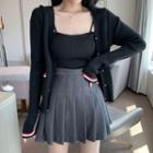 Pleated Mini Skirt / Knit Camisole Top / Contrast Trim Cardigan