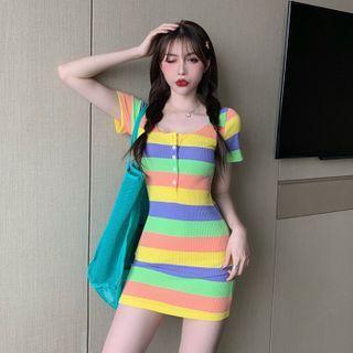 Short-sleeve Henley Striped Mini Bodycon Dress