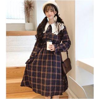 Long-sleeve Collared Plaid A-line Dress As Shown In Figure - One Size